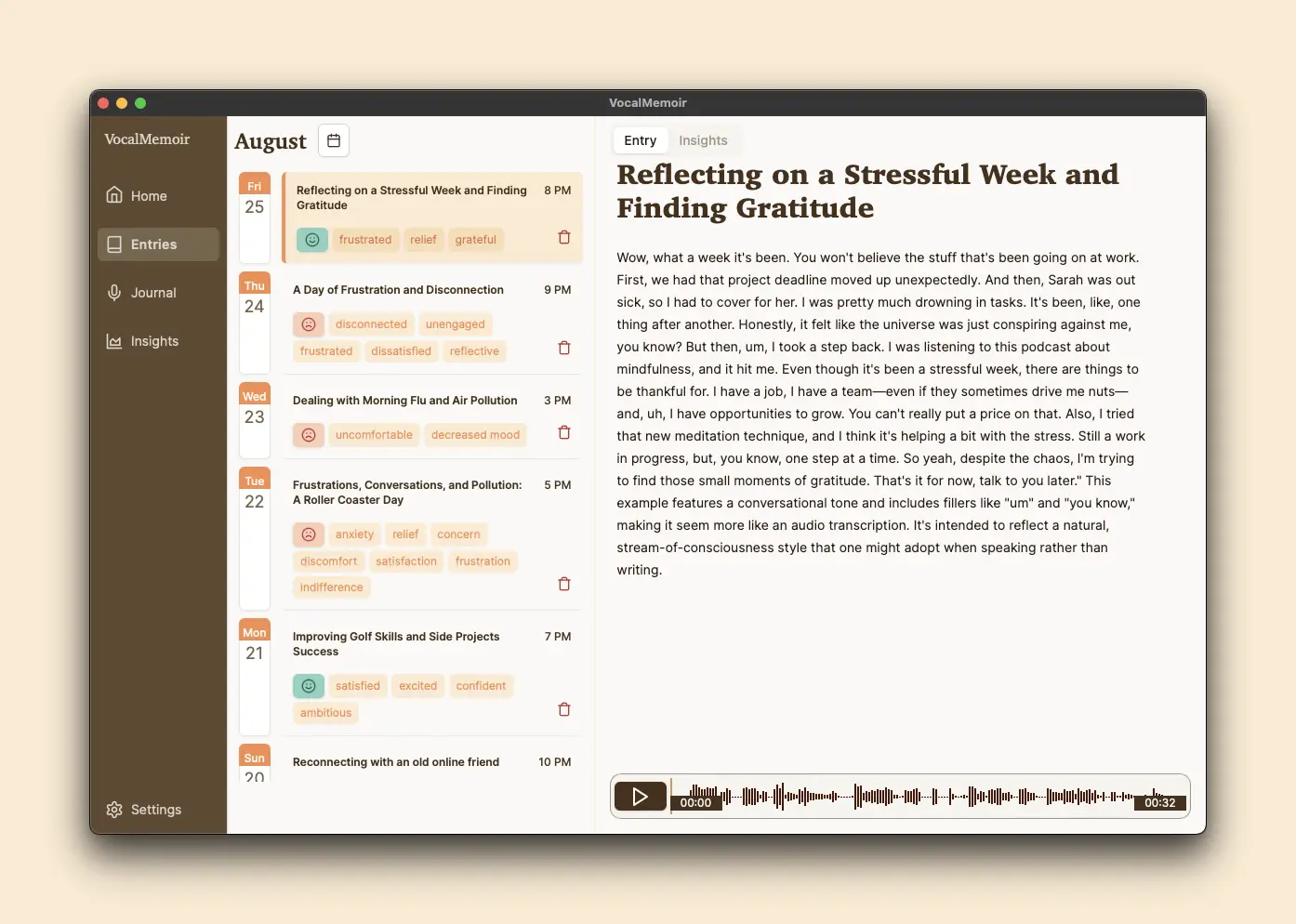 VocalMemoir monthly entries page